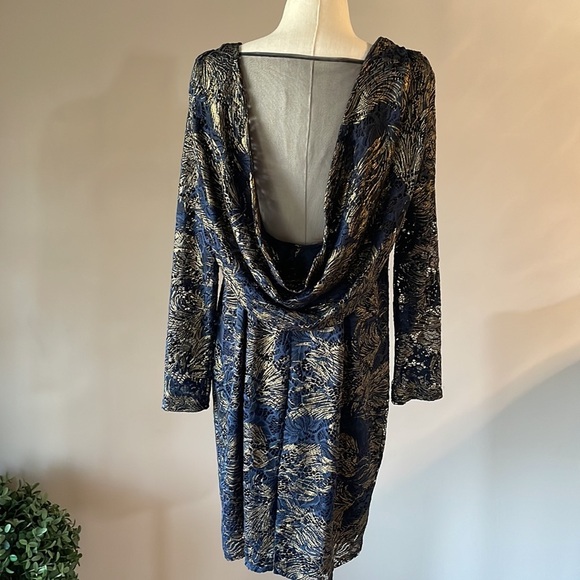 Marina cocktail stretch lace foil dress STATEMENT sheer BACK sheath navy gold L - Picture 4 of 16